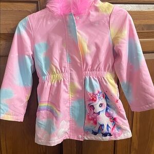 Girls' Pink Unicorn Jacket with Faux-Fur hooded trim warm lining, zip up Sz. 6